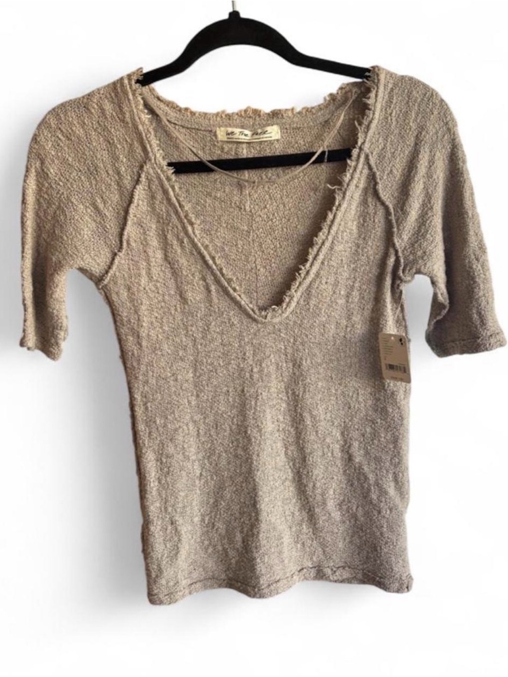 Free People Taupe Raw-Edge V-Neck Short Sleeve Top